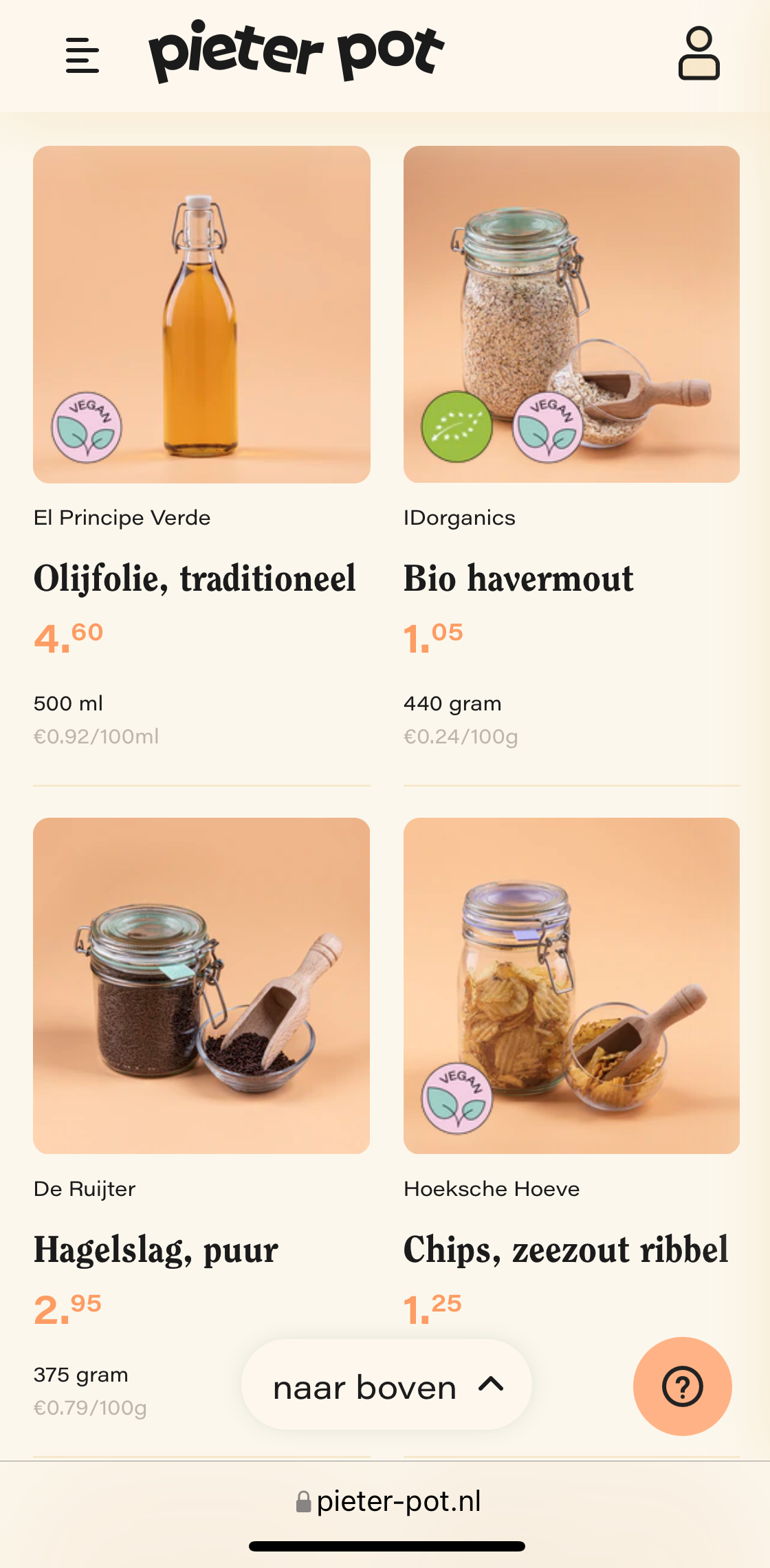 Pieter Pot Online Grocery Screenshot of Category Page with different products