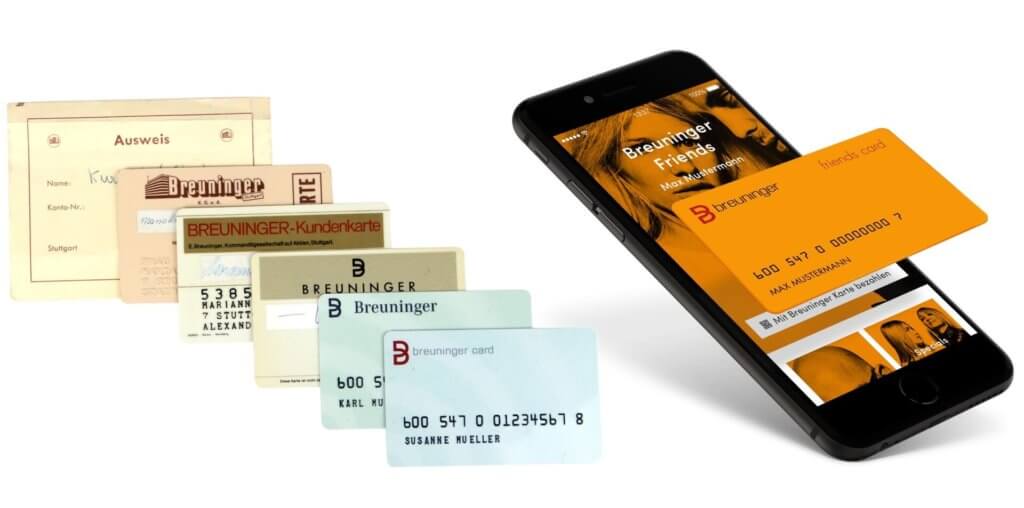 Evolution of Breuninger Membership Rewards Program with different cards and App on Smartphone; Source: Breuninger; WikiCommons