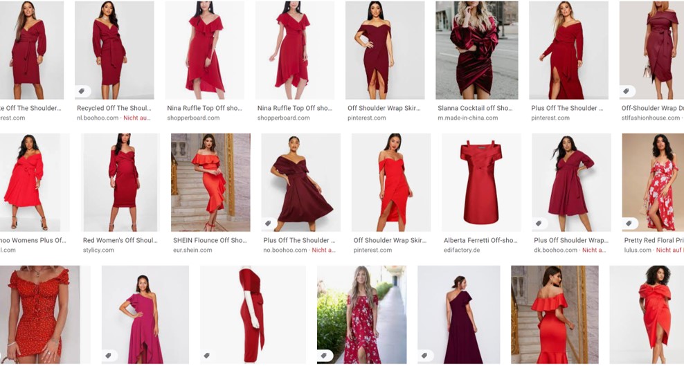 showing different styles, shapes, tones and fits of red off-shoulder-drape-dresses