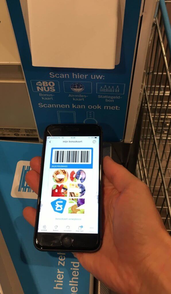Loyalty card scanner at checkout of Albert Heijn supermarket