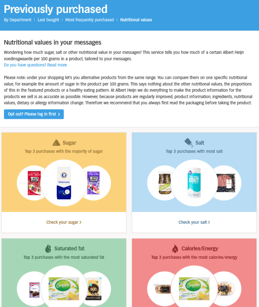 Nutritional value proposals based on previous purchases; omnichannel best practice